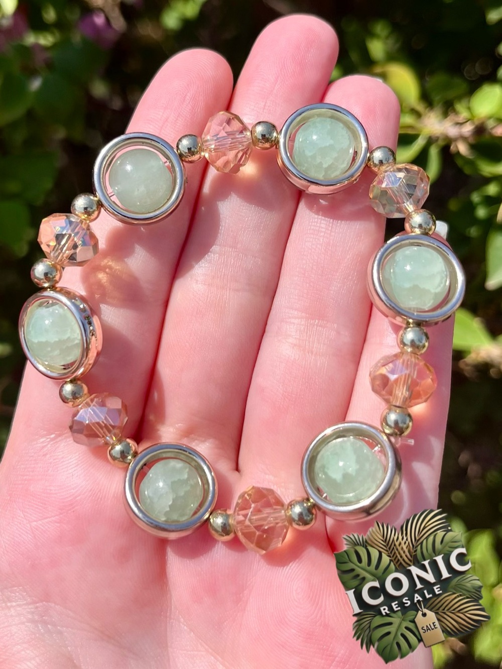 Sage Green Saturn Glass Beaded Bracelet NWOT